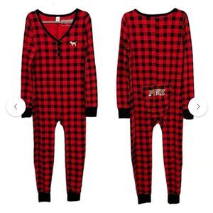 Victoria's Secret PINK Buffalo Check onesie pajamas jumpsuit Size Large
